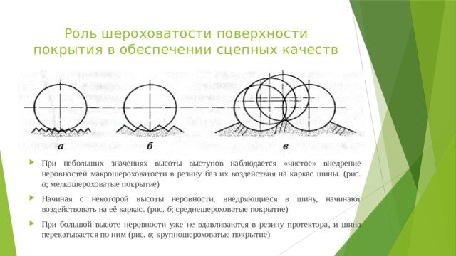 Роль шероховатости поверхности покрытия в обеспечении сцепных качеств При небольших значениях высоты выступов наблюдается «чистое» внедрение неровностей макрошероховатости в резину без их воздействия на каркас шины. (рис. а ; мелкошероховатые покрытие) Начиная с некоторой высоты неровности, внедряющиеся в шину, начинают воздействовать на её каркас. (рис. б ; среднешероховатые покрытие) При большой высоте неровности уже не вдавливаются в резину протектора, и шина перекатывается по ним (рис. в ; крупношероховатые покрытие) 
