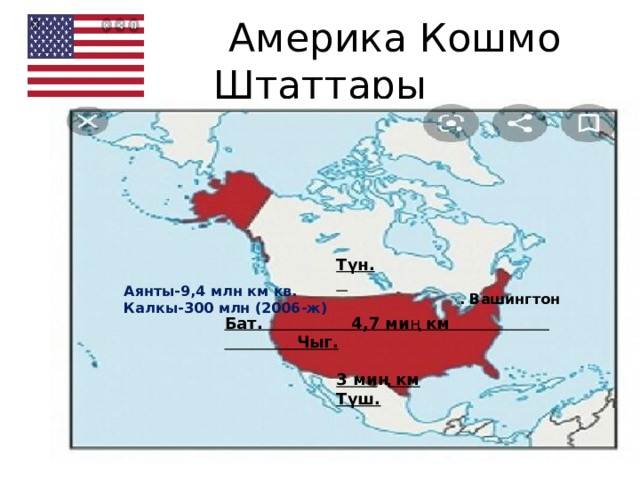  Америка Кошмо Штаттары Түн.      3 ми ң км Түш. Аянты-9,4 млн км кв. Калкы-300 млн (2006-ж) . Вашингтон Бат. 4,7 ми ң км Чыг. 