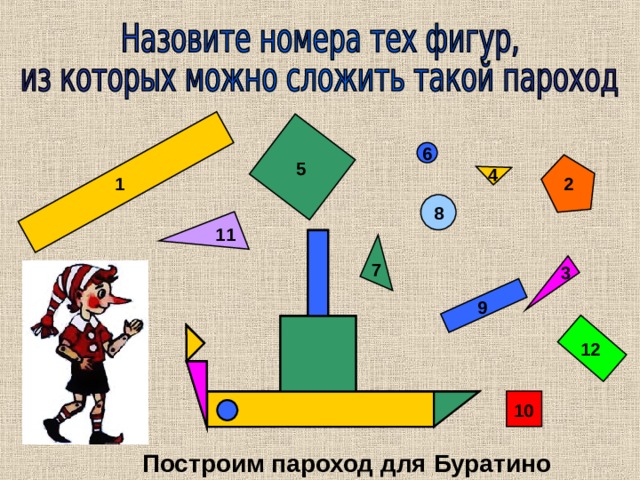 6 5 4 1 2 8 11 7 3 А 9 Г 12 Б Е Д 10 В Ж Построим пароход для Буратино 