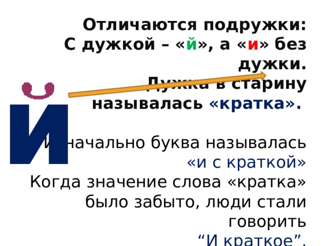 Отличаются подружки: С дужкой – « й », а « и » без дужки.  Дужка в старину называлась «кратка».  Изначально буква называлась  «и с краткой» Когда значение слова «кратка»  было забыто, люди стали говорить  “ И краткое”. Буква Й появилась в русском языке  около 300 лет тому назад.   и 