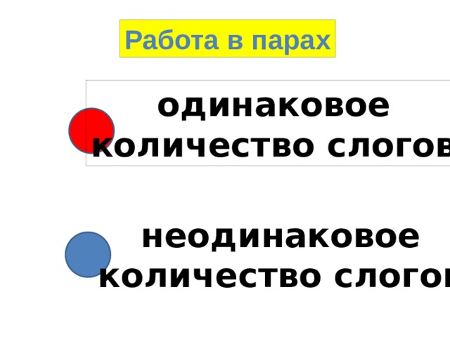 Работа в парах одинаковое количество слогов неодинаковое количество слогов 