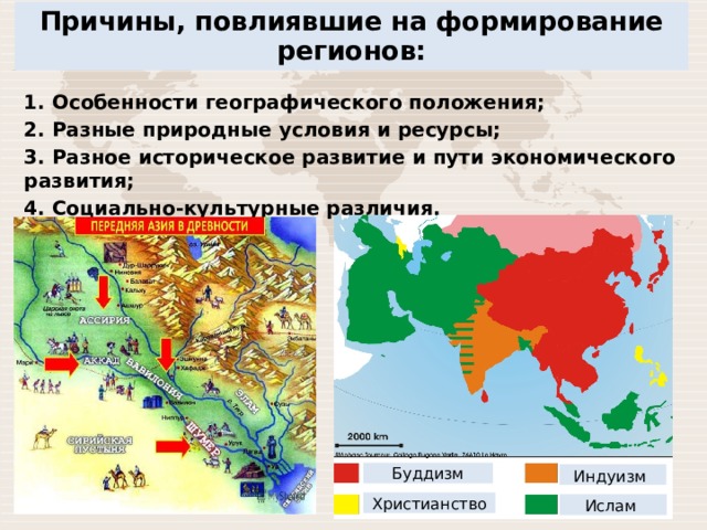 Причины, повлиявшие на формирование регионов: 1. Особенности географического положения; 2. Разные природные условия и ресурсы; 3. Разное историческое развитие и пути экономического развития; 4. Социально-культурные различия. Буддизм Индуизм  Христианство  Ислам  