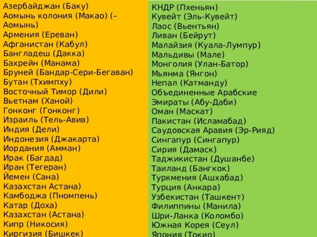 Азербайджан (Баку) Аомынь колония (Макао) (– Аомынь) Армения (Ереван) Афганистан (Кабул) Бангладеш (Дакка) Бахрейн (Манама) Бруней (Бандар-Сери-Бегаван) Бутан (Тхимпху) Восточный Тимор (Дили) Вьетнам (Ханой) Гонконг (Гонконг) Израиль (Тель-Авив) Индия (Дели) Индонезия (Джакарта) Иордания (Амман) Ирак (Багдад) Иран (Тегеран) Йемен (Сана) Казахстан Астана) Камбоджа (Пномпень) Катар (Доха) Казахстан (Астана) Кипр (Никосия) Киргизия (Бишкек) Китай (Пекин) КНДР (Пхеньян) Кувейт (Эль-Кувейт) Лаос (Вьентьян) Ливан (Бейрут) Малайзия (Куала-Лумпур) Мальдивы (Мале) Монголия (Улан-Батор) Мьянма (Янгон) Непал (Катманду) Объединенные Арабские Эмираты (Абу-Даби) Оман (Маскат) Пакистан (Исламабад) Саудовская Аравия (Эр-Рияд) Сингапур (Сингапур) Сирия (Дамаск) Таджикистан (Душанбе) Таиланд (Бангкок) Туркмения (Ашхабад) Турция (Анкара) Узбекистан (Ташкент) Филиппины (Манила) Шри-Ланка (Коломбо) Южная Корея (Сеул) Япония (Токио) (Грузия, Кипр и др. Экономическая интеграция с ЕС) 