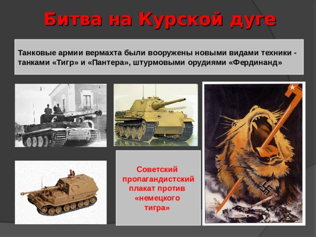  Битва на Курской дуге Танковые армии вермахта были вооружены новыми видами техники - танками «Тигр» и «Пантера», штурмовыми орудиями «Фердинанд» Советский пропагандистский плакат против «немецкого тигра» 