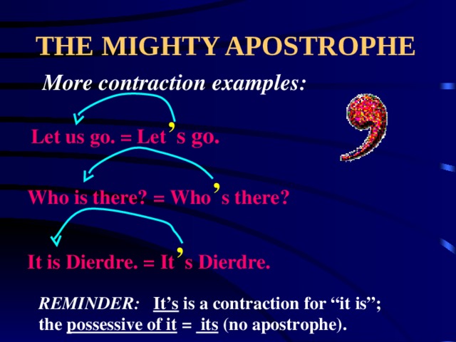 THE MIGHTY APOSTROPHE More contraction examples: Let us go. = Let ’ s go. Who is there? = Who ’ s there? It is Dierdre. = It ’ s Dierdre. REMINDER:  It’s is a contraction for “it is”; the possessive of it = its (no apostrophe). 