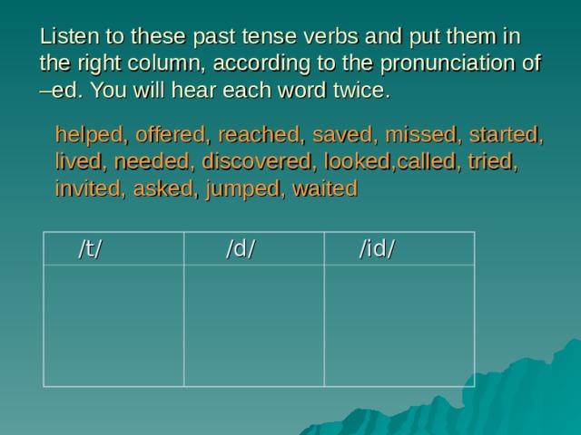 Listen to these past tense verbs and put them in the right column, according to the pronunciation of –ed. You will hear each word twice. helped, offered, reached, saved, missed, started, lived, needed, discovered, looked,called, tried, invited, asked, jumped, waited  /t/  /d/  /id/ 
