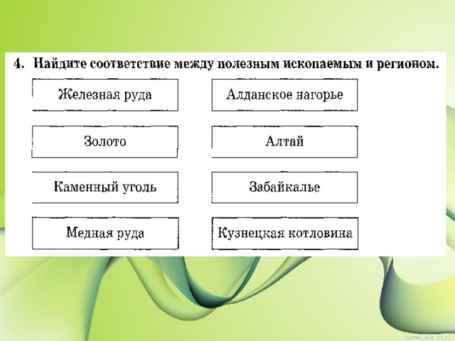 Установите соответствие между примерами полезных ископаемых