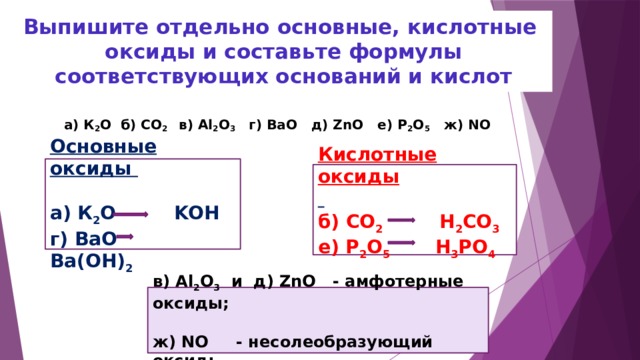 Bao какой класс. Выпишите отдельно основные и кислотные оксиды. Нелетучие кислотные оксиды. Основным оксидам соответствуют основания. Химические свойства оксидов составление формул.