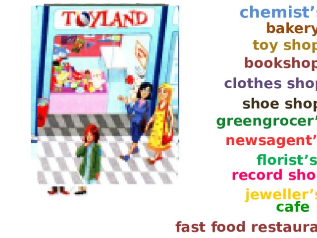 chemist’s bakery toy shop bookshop clothes shop shoe shop greengrocer’s newsagent’s florist’s record shop jeweller’s cafe fast food restaurant 