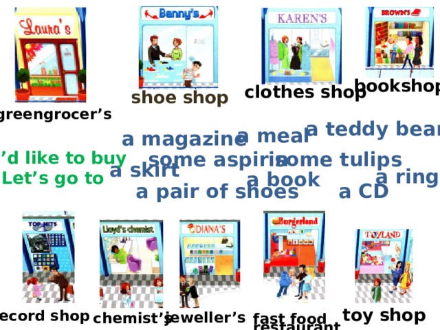 bookshop clothes shop shoe shop greengrocer’s a teddy bear a meal a magazine some aspirin - I’d like to buy some tulips a skirt a ring a book  - Let’s go to a pair of shoes a CD toy shop record shop jeweller’s chemist’s fast food restaurant 