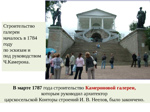 Строительство галереи началось в 1784 году по эскизам и под руководством Ч.Камерона. В марте 1787 года строительство Камероновой галереи, которым руководил архитектор царскосельской Конторы строений И. В. Неелов, было закончено. 