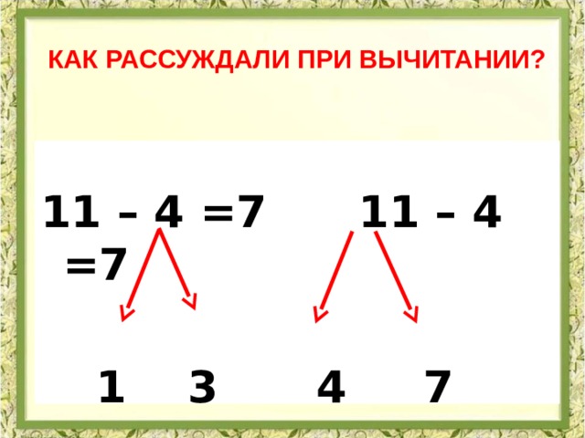 Как рассуждали при вычитании? 11 – 4 =7 11 – 4 =7  1 3  4 7 