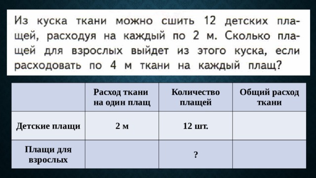 Расход ткани на один плащ Детские плащи Количество плащей Плащи для взрослых 2 м Общий расход ткани 12 шт. ? 