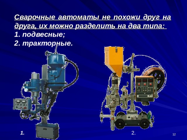 Сварочные автоматы не похожи друг на друга, их можно разделить на два типа: 1. подвесные; 2. тракторные.  2. 1. 