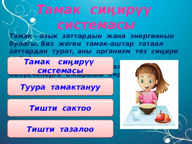 Тамак сиӊирүү системасы Тамак – азык заттардын жана энергиянын булагы. Биз жеген тамак-аштар татаал заттардан турат, аны организм тез сиӊире албайт. Тамак – аш сиӊиши үчүн ал жөнөкөй бөлүкчөлөргө ажырашы керек. Тамак сиӊирүү системасы Туура тамактануу Тишти сактоо Тишти тазалоо 