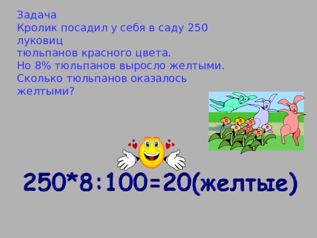 Задача Кролик посадил у себя в саду 250 луковиц тюльпанов красного цвета. Но 8% тюльпанов выросло желтыми. Сколько тюльпанов оказалось желтыми?    