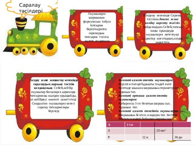 Саралау тәсілдері Оқушыларға шаршының формуласын табуға тапсырма берілгендіктен саралаудың тапсырма тәсілін жүзеге асырамын Қолдану кезеңінде Саралау тәсілінің диалог және қолдау көрсету тәсілі н пайдаландым.Себебі,тапсырманы орындауда оқушыларға жетелеуші сұрақтар қоя отырып,қолдау көрсеттім. Көмекті қажет ететін оқушыларға: Талдау және жинақтау кезеңінде саралаудың қарқын тәсілін қолданамын . Себебі,кейбір оқушылар басқаларға қарағанда Берілген тіктөртбұрышты теңдей екіге бөлгенде шыққан шаршының периметрі мен ауданын тап. тапсырманы жылдам орындайды, Көмекті орташа қажет ететін оқушыларға: Қабырғасы 3 см болатын шаршы сыз. Ауданын тап. ал кейбіреуі көмекті қажет етеді Көмекті қажет етпейтін оқушыларға: Сондықтан оқушыларға келесі саралау тапсырмалары Шаршының белгісіз мәндерін тап. Кестеде боялған мәндері бойынша шаршы сыз . беріледі А 2 см S P 12 м 25 мм² 36 дм 