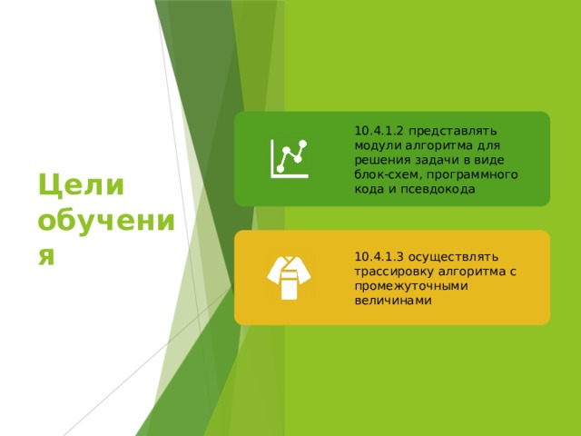 Цели обучения 10.4.1.2 представлять модули алгоритма для решения задачи в виде блок-схем, программного кода и псевдокода 10.4.1.3 осуществлять трассировку алгоритма с промежуточными величинами 