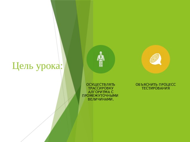 Цель урока:   осуществлять трассировку алгоритма с промежуточными величинами, объяснить процесс тестирования 