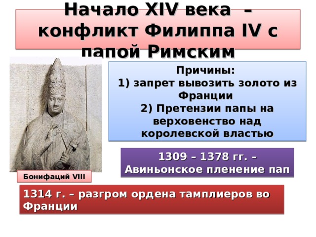 Начало XIV века  – конфликт Филиппа IV с папой Римским Причины: 1) запрет вывозить золото из Франции 2) Претензии папы на верховенство над королевской властью 1309 – 1378 гг. – Авиньонское пленение пап Бонифаций VIII 1314 г. – разгром ордена тамплиеров во Франции 