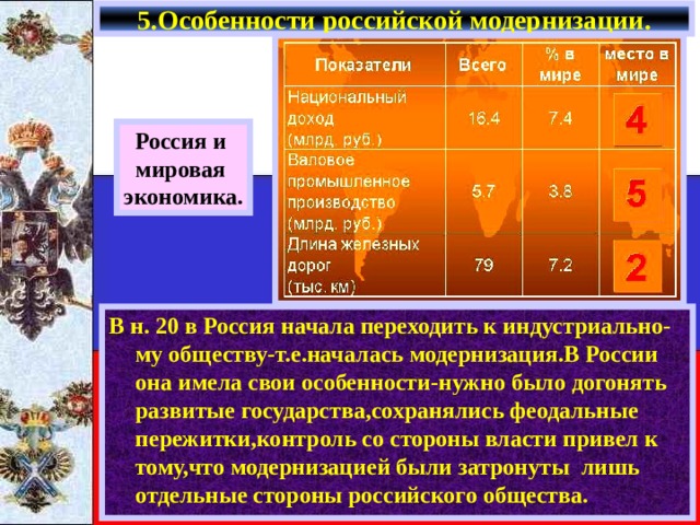 5.Особенности российской модернизации. Россия и мировая экономика. В н. 20 в Россия начала переходить к индустриально-му обществу-т.е.началась модернизация.В России она имела свои особенности-нужно было догонять развитые государства,сохранялись феодальные пережитки,контроль со стороны власти привел к тому,что модернизацией были затронуты лишь отдельные стороны российского общества. 