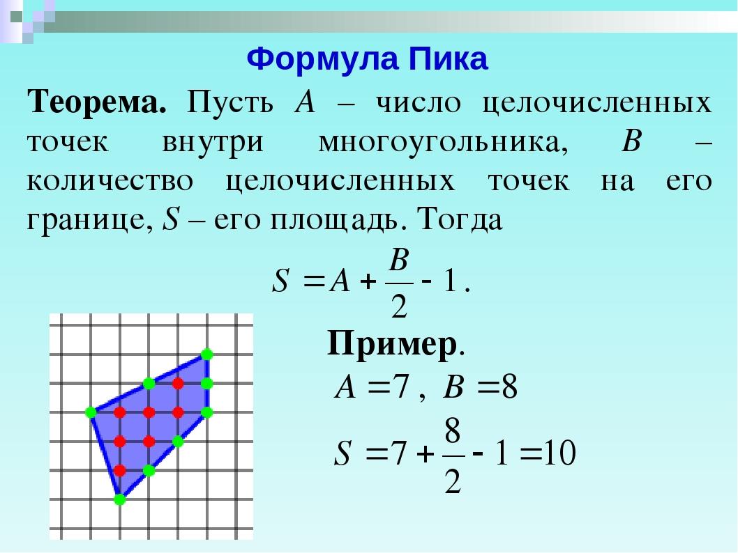 Формула по точкам. Формула пика для вычисления площадей. Теорема пика формула площади. Формула пика для нахождения площади. Площадь многоугольника формула пика.