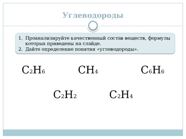 Углеводороды Проанализируйте качественный состав веществ, формулы которых приведены на слайде. Дайте определение понятия «углеводороды». С 2 Н 6 СН 4 С 6 Н 6 С 2 Н 2 С 2 Н 4 