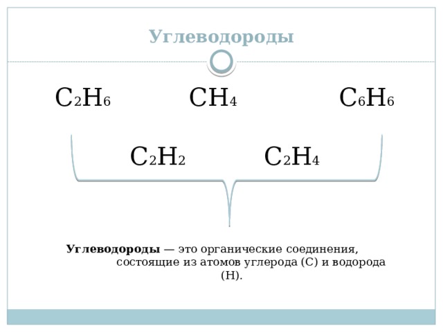Углеводороды С 2 Н 6 СН 4 С 6 Н 6 С 2 Н 2 С 2 Н 4 Углеводороды  — это органические соединения, состоящие из атомов углерода (С) и водорода (Н). 