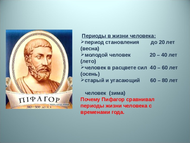 Периоды в жизни человека: период становления до 20 лет (весна) молодой человек 20 – 40 лет (лето) человек в расцвете сил 40 – 60 лет (осень) старый и угасающий 60 – 80 лет  человек (зима) Почему Пифагор сравнивал периоды жизни человека с временами года.