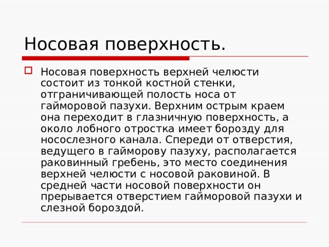 Носовая поверхность. Носовая поверхность верхней челюсти состоит из тонкой костной стенки, отграничивающей полость носа от гайморовой пазухи. Верхним острым краем она переходит в глазничную поверхность, а около лобного отростка имеет борозду для носослезного канала. Спереди от отверстия, ведущего в гайморову пазуху, располагается раковинный гребень, это место соединения верхней челюсти с носовой раковиной. В средней части носовой поверхности он прерывается отверстием гайморовой пазухи и слезной бороздой. 