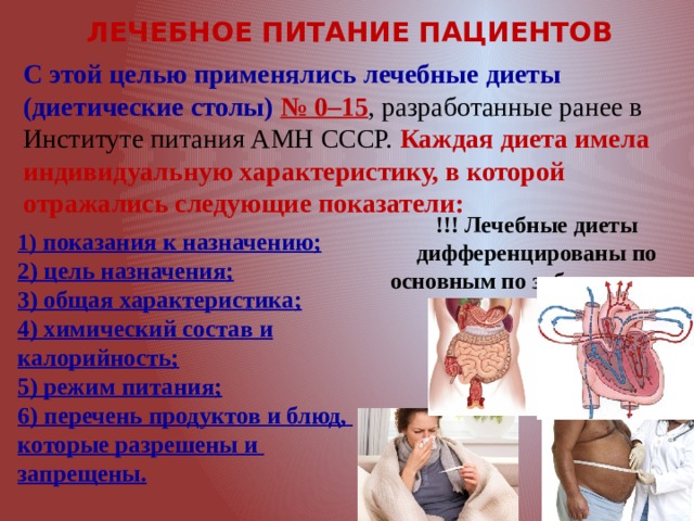 ЛЕЧЕБНОЕ ПИТАНИЕ ПАЦИЕНТОВ  С этой целью применялись лечебные диеты (диетические столы) № 0–15 , разработанные ранее в Институте питания АМН СССР. Каждая диета имела индивидуальную характеристику, в которой отражались следующие показатели: !!! Лечебные диеты дифференцированы по основным по заболеваниям. 1) показания к назначению; 2) цель назначения; 3) общая характеристика; 4) химический состав и калорийность; 5) режим питания; 6) перечень продуктов и блюд, которые разрешены и запрещены. 