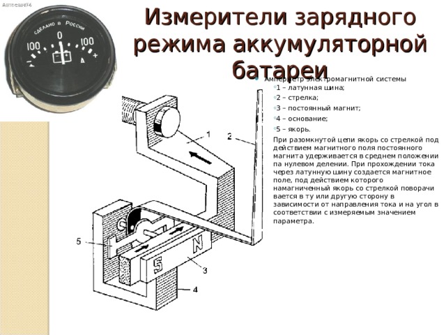 Измерители зарядного режима аккумуляторной батареи Амперметр электромагнитной системы 1 – латунная шина; 2 – стрелка; 3 – постоянный магнит; 4 – основание; 5 – якорь. 1 – латунная шина; 2 – стрелка; 3 – постоянный магнит; 4 – основание; 5 – якорь. При разомкнутой цепи якорь со стрелкой под действием магнитного поля по­стоянного магнита удерживается в среднем положении па нулевом делении. При про­хождении тока через латунную шину создает­ся магнитное поле, под действием которого намагниченный якорь со стрелкой поворачи­вается в ту или другую сторону в зависимости от направления тока и на угол в соответствии с измеряемым значением параметра. При разомкнутой цепи якорь со стрелкой под действием магнитного поля по­стоянного магнита удерживается в среднем положении па нулевом делении. При про­хождении тока через латунную шину создает­ся магнитное поле, под действием которого намагниченный якорь со стрелкой поворачи­вается в ту или другую сторону в зависимости от направления тока и на угол в соответствии с измеряемым значением параметра. 