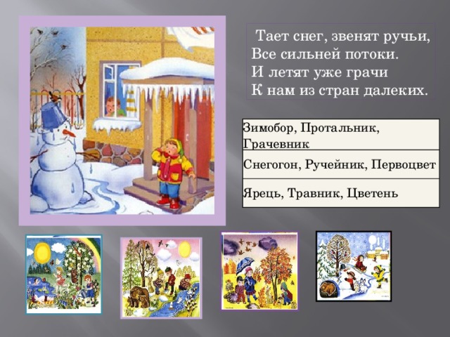  Тает снег, звенят ручьи,  Все сильней потоки.  И летят уже грачи  К нам из стран далеких. Зимобор, Протальник, Грачевник Снегогон, Ручейник, Первоцвет Ярець, Травник, Цветень 