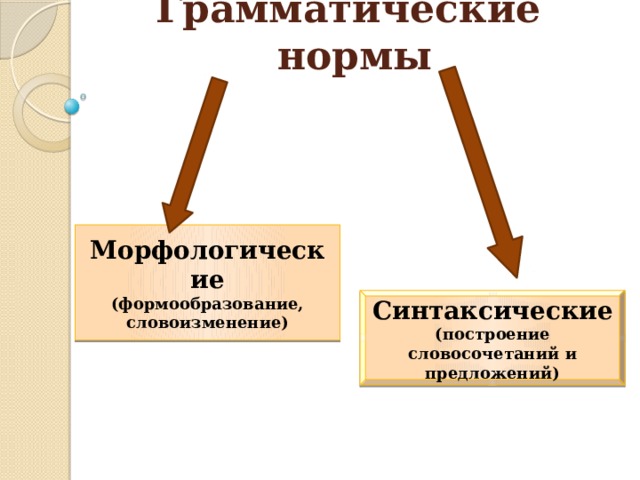 Грамматические нормы Морфологические (формообразование, словоизменение) Синтаксические (построение словосочетаний и предложений) 