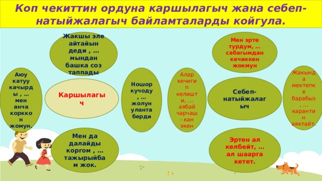 Коп чекиттин ордуна каршылагыч жана себеп-натыйжалагыч байламталарды койгула. Жакшы эле айтайын деди , … мындан башка соз таппады Мен эрте турдум, …сабагымдан кечиккен жокмун Жакында мектепке барабыз, … карантин аяктайт. Ношор кучоду, … жолун уланта берди Аюу катуу качырды , … мен анча корккон жомун. Алар кечигип келишти, … аябай чарчаш- кан экен Себеп-натыйжалагыч Каршылагыч Мен да далайды коргом , … тажырыйбам жок. Эртен ал келбейт, … ал шаарга кетет. 