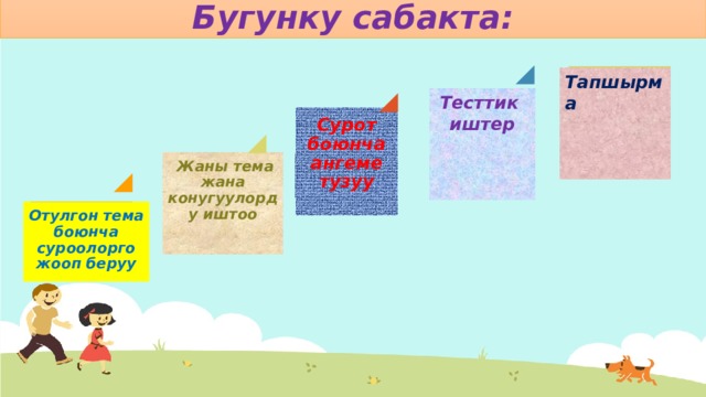 Бугунку сабакта: Тапшырма    Тесттик иштер    Сурот боюнча ангеме тузуу    Жаны тема жана конугуулорду иштоо      Отулгон тема боюнча суроолорго жооп беруу 