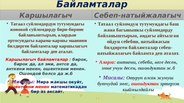 Байламталар Каршылагыч Себеп-натыйжалагыч Татаал суйломдордун тутумундагы жонокой суйломдорду бири-бирине байланыштырып, алардын ортосундагы карама-каршы маанини билдирген байламталар каршылагыч байламталар деп аталат. Татаал суйломдун тутумундагы баш жана багынынкы суйломдорду байланыштырып, андагы айтылган ойдун себебин, натыйжасын билдирген байламталар себеп-натыйжалагыч байламта деп аталат.  Каршылагыч байламталар : бирок, бирок да, ал эми, антсе да, анткени менен, ошенткени менен. Ошондой болсо да ж.б Аларга: анткени, себеби, неге десен, эмне учун десен, ошондуктан ж.б Мисалы: Мира жакшы окуйт, ошенткени менен математикадан бир аз аксайт. Мисалы: Отуруп алсак жумуш бутчудой эмес, ошондуктан эртерээк кыймылдайлы 