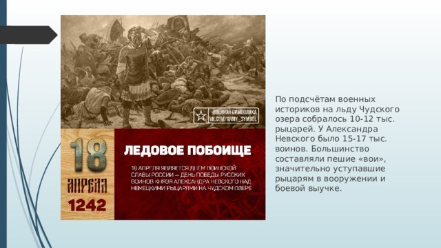 По подсчётам военных историков на льду Чудского озера собралось 10-12 тыс. рыцарей. У Александра Невского было 15-17 тыс. воинов. Большинство составляли пешие «вои», значительно уступавшие рыцарям в вооружении и боевой выучке. 