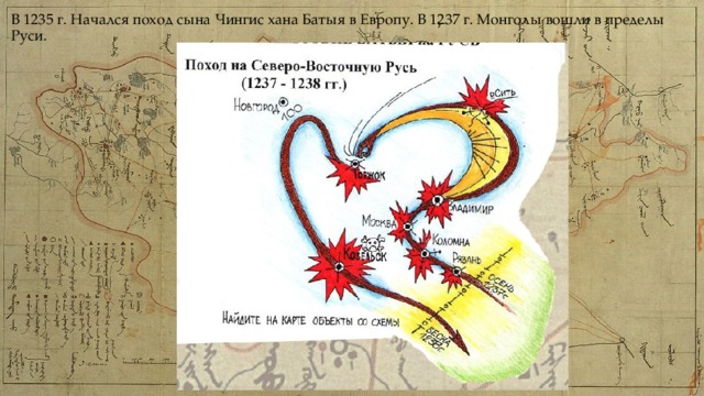 В 1235 г. Начался поход сына Чингис хана Батыя в Европу. В 1237 г. Монголы вошли в пределы Руси. 