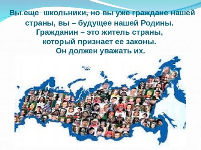  Вы еще школьники, но вы уже граждане нашей страны, вы – будущее нашей Родины.  Гражданин – это житель страны,  который признает ее законы.  Он должен уважать их.   