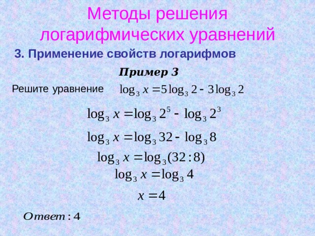 Как решать логарифмы примеры Решение логарифмических уравнений