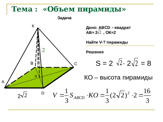 Тема : «Объем пирамиды» Задача   Дано: АВСD – квадрат  АВ= 2 , ОК=2   Найти V-? пирамиды    Решение К 2 = 8  S = 2 · 2 В В С  o  КО – высота пирамиды О А D 2 