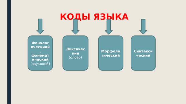 КОДЫ ЯЗЫКА Фонологическиий, фонематический (звуковой) Лексический (слово) Морфологический Синтаксический 