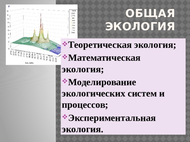Общая экология Теоретическая экология; Математическая экология; Моделирование экологических систем и процессов; Экспериментальная экология. 