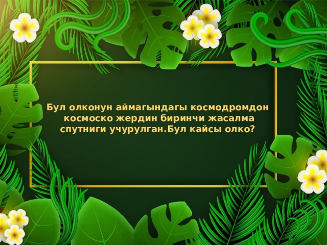  Бул олконун аймагындагы космодромдон космоско жердин биринчи жасалма спутниги учурулган.Бул кайсы олко? 