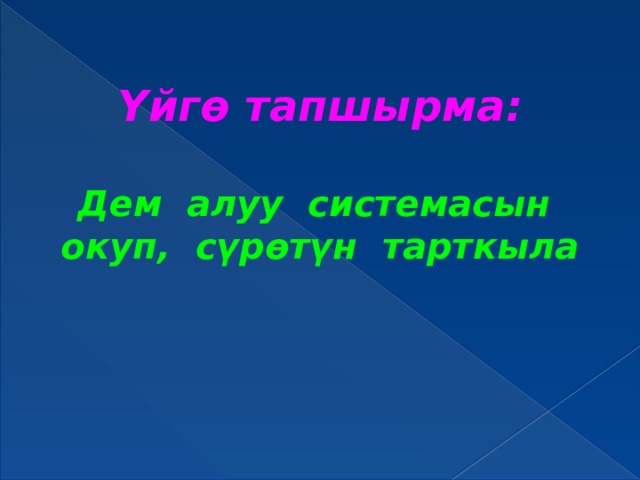 Үйгө тапшырма:  Дем алуу системасын окуп, сүрөтүн тарткыла 