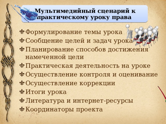 Мультимедийный сценарий к практическому уроку права Формулирование темы урока Сообщение целей и задач урока Планирование способов достижения намеченной цели Практическая деятельность на уроке Осуществление контроля и оценивание Осуществление коррекции Итоги урока Литература и интернет-ресурсы Координаторы проекта 