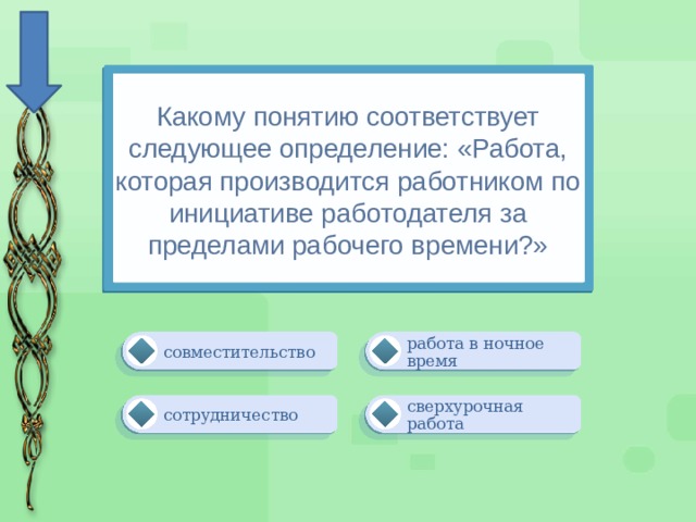 Какому понятию соответствует следующее определение: «Работа, которая производится работником по инициативе работодателя за пределами рабочего времени?» работа в ночное время совместительство сверхурочная работа сотрудничество 