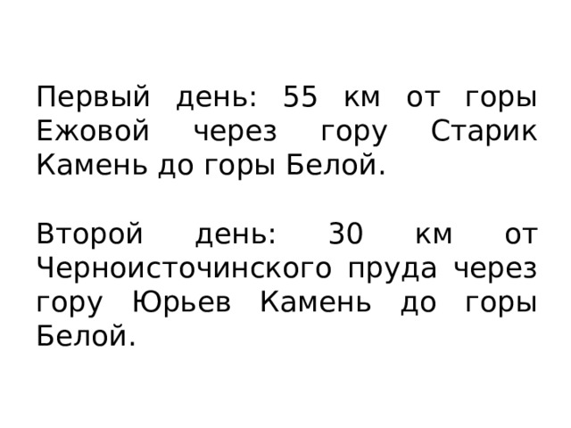 Первый день: 55 км от горы Ежовой через гору Старик Камень до горы Белой. Второй день: 30 км от Черноисточинского пруда через гору Юрьев Камень до горы Белой. 