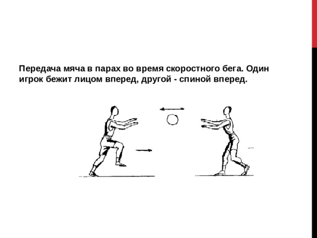 Бежал какое лицо. Передача мяча в парах в движении. Ловля и передача мяча в парах. Один игрок бежит лицом вперед, другой - спиной вперед.